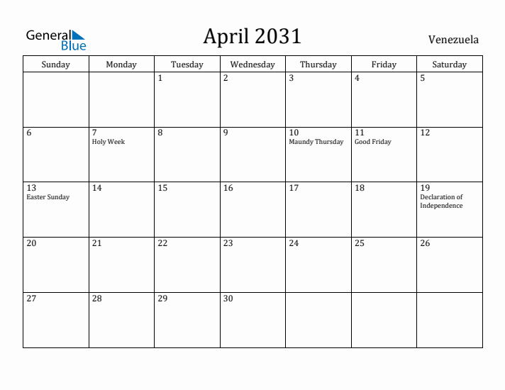 April 2031 Calendar Venezuela