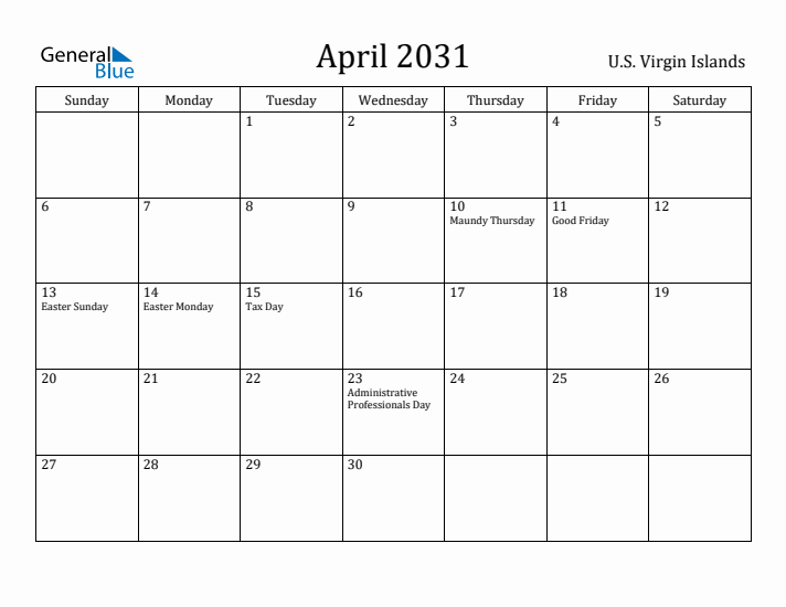 April 2031 Calendar U.S. Virgin Islands