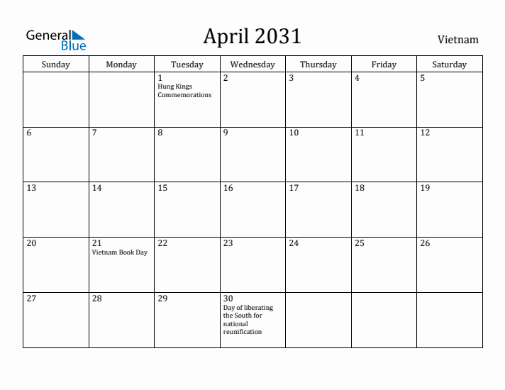 April 2031 Calendar Vietnam
