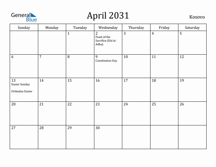 April 2031 Calendar Kosovo