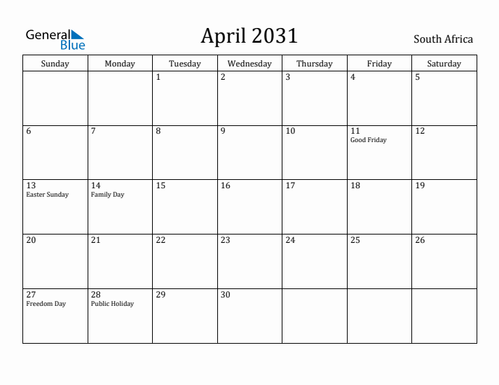 April 2031 Calendar South Africa