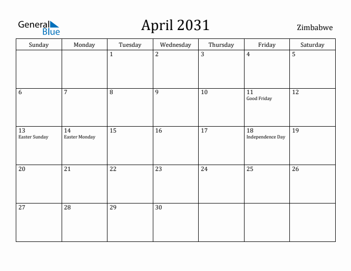April 2031 Calendar Zimbabwe