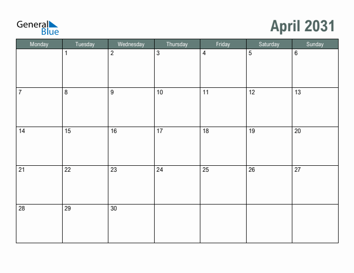 Free Printable April 2031 Calendar