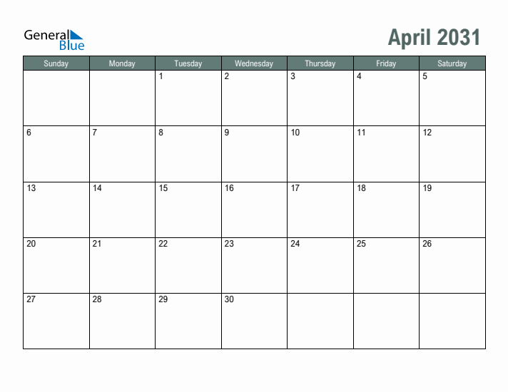 Free Printable April 2031 Calendar