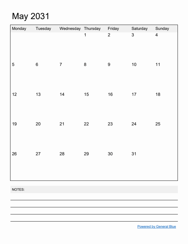Basic Monthly Calendar Template for May 2031