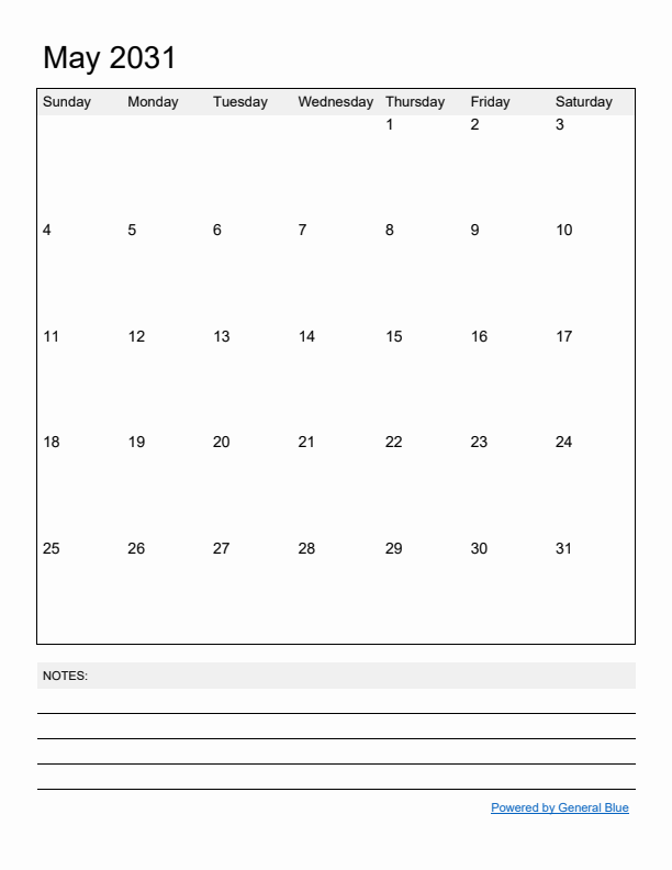 Basic Monthly Calendar Template for May 2031