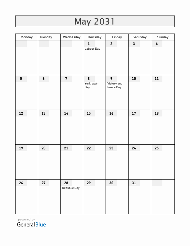 Armenia May 2031 Calendar with Holidays