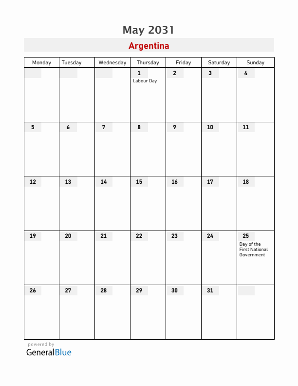 Argentina May 2031 Calendar with Holidays
