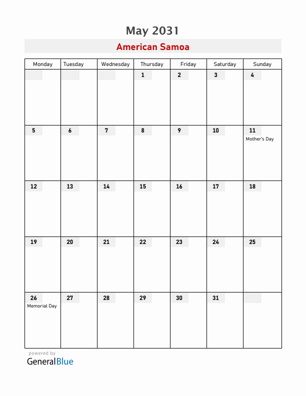 American Samoa May 2031 Calendar with Holidays