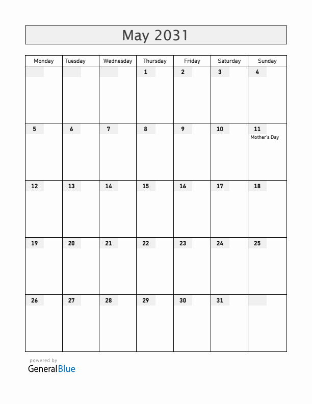 Australia May 2031 Calendar with Holidays
