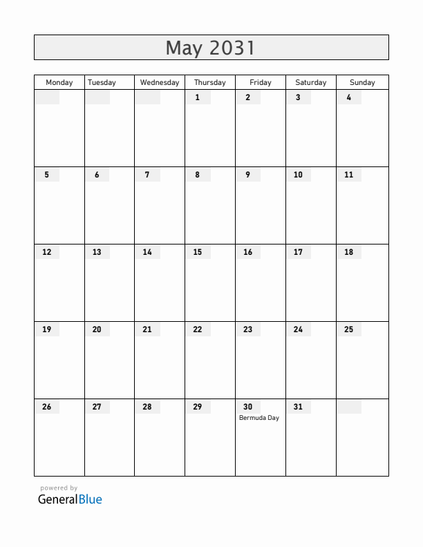 Bermuda May 2031 Calendar with Holidays
