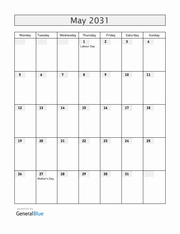 Bolivia May 2031 Calendar with Holidays
