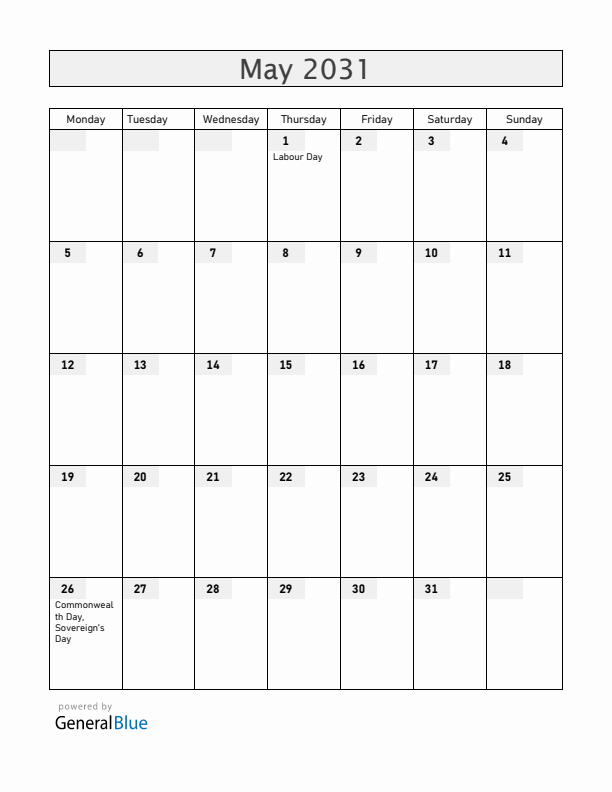 Belize May 2031 Calendar with Holidays
