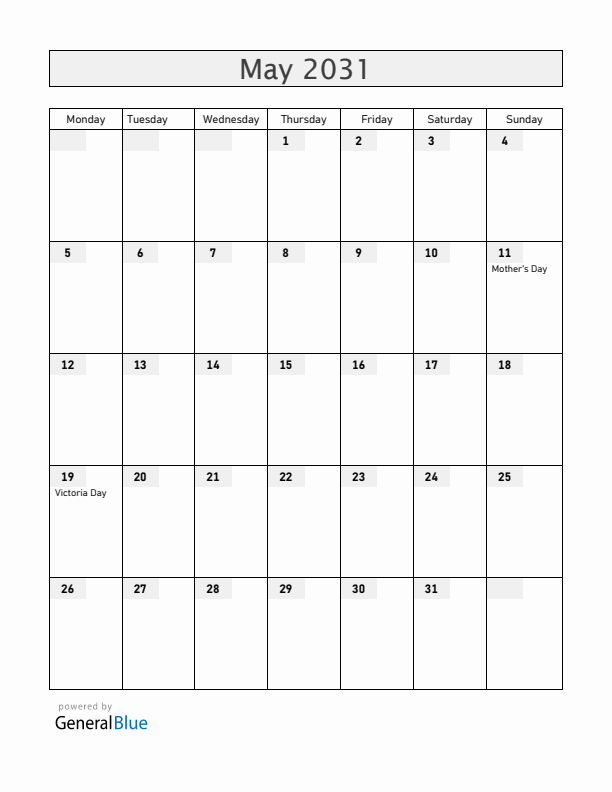 Canada May 2031 Calendar with Holidays