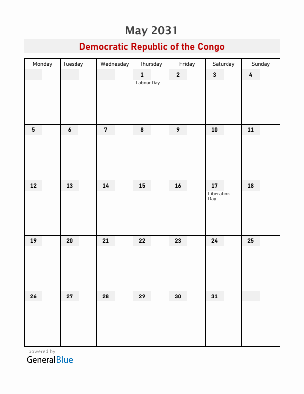 Democratic Republic of the Congo May 2031 Calendar with Holidays