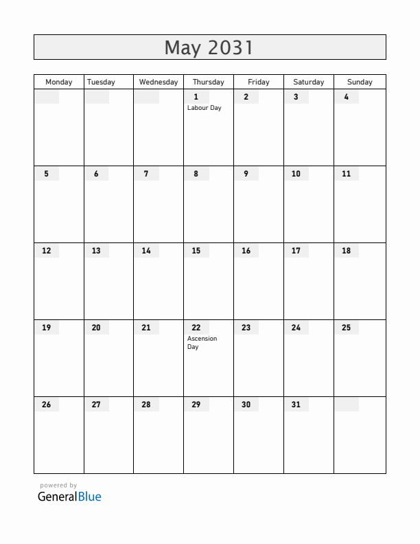 Central African Republic May 2031 Calendar with Holidays
