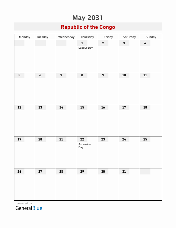 Republic of the Congo May 2031 Calendar with Holidays