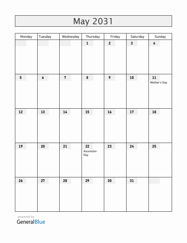 Switzerland May 2031 Calendar with Holidays
