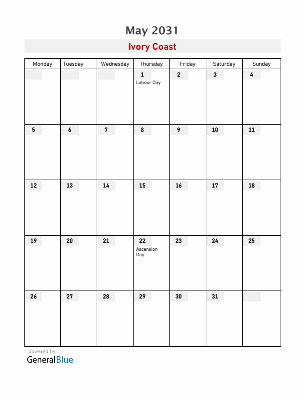 Ivory Coast May 2031 Calendar with Holidays