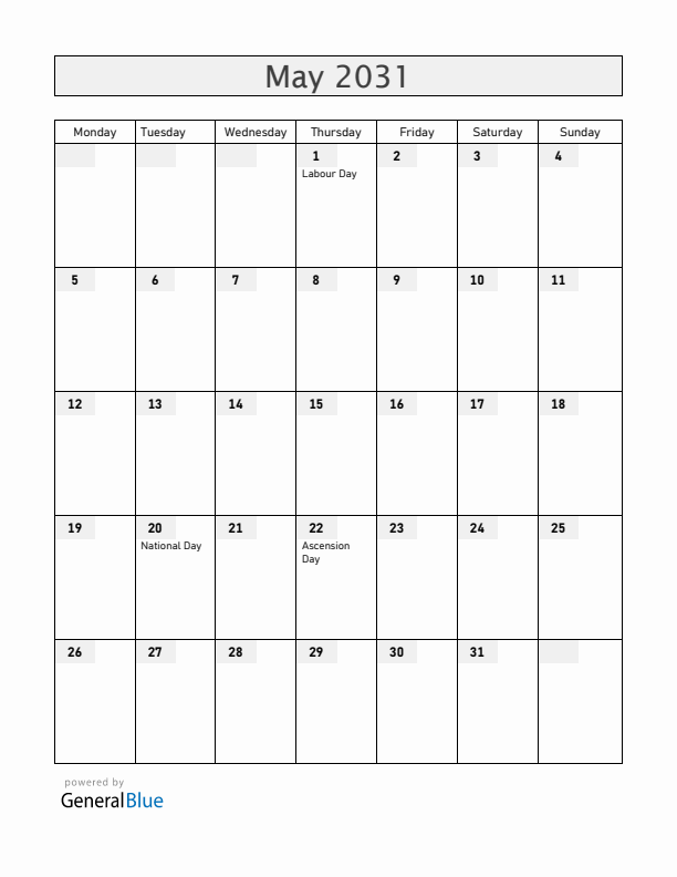 Cameroon May 2031 Calendar with Holidays