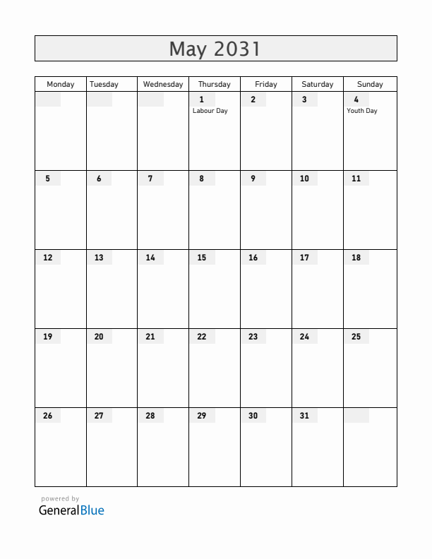 China May 2031 Calendar with Holidays
