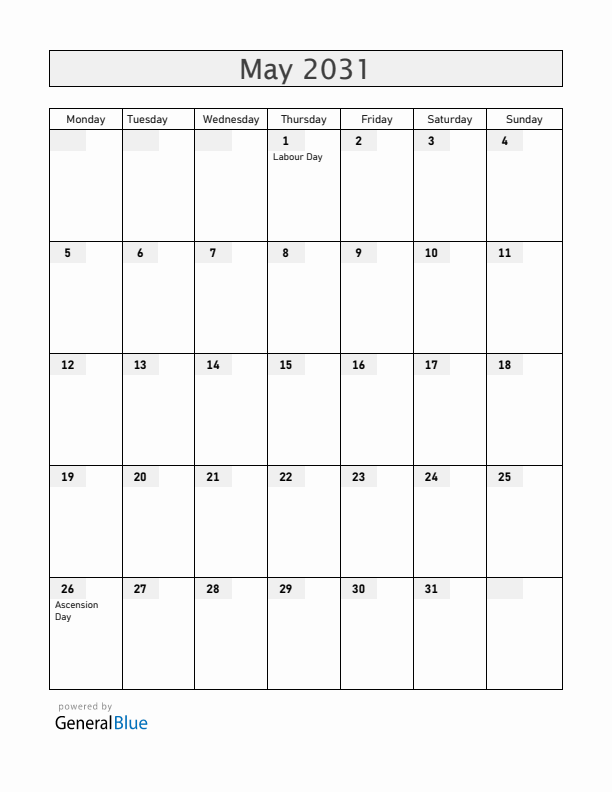 Colombia May 2031 Calendar with Holidays