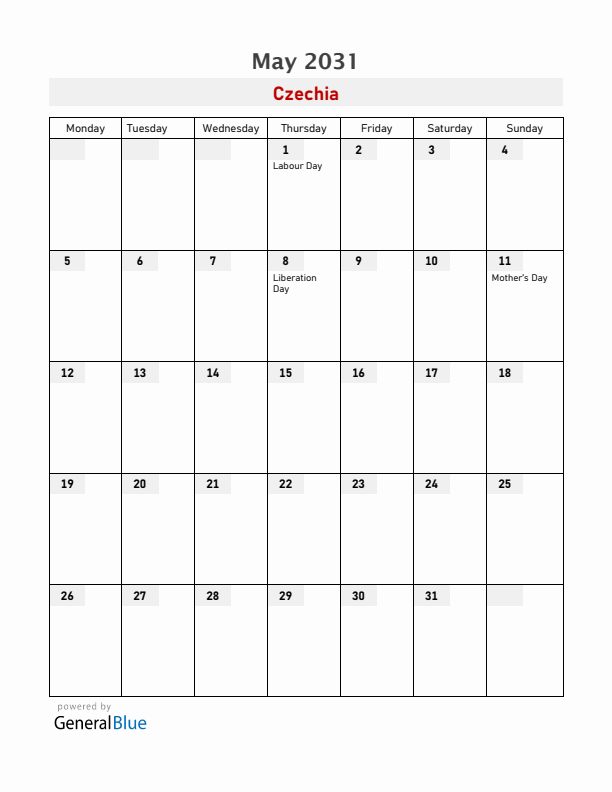 Czechia May 2031 Calendar with Holidays