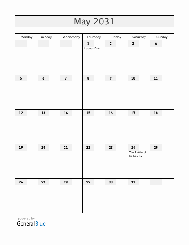 Ecuador May 2031 Calendar with Holidays