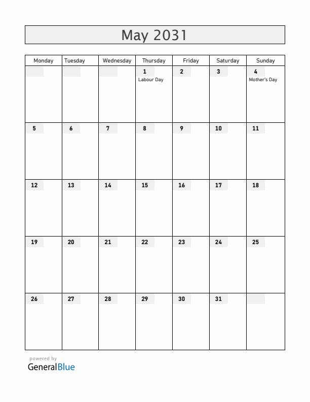 Spain May 2031 Calendar with Holidays