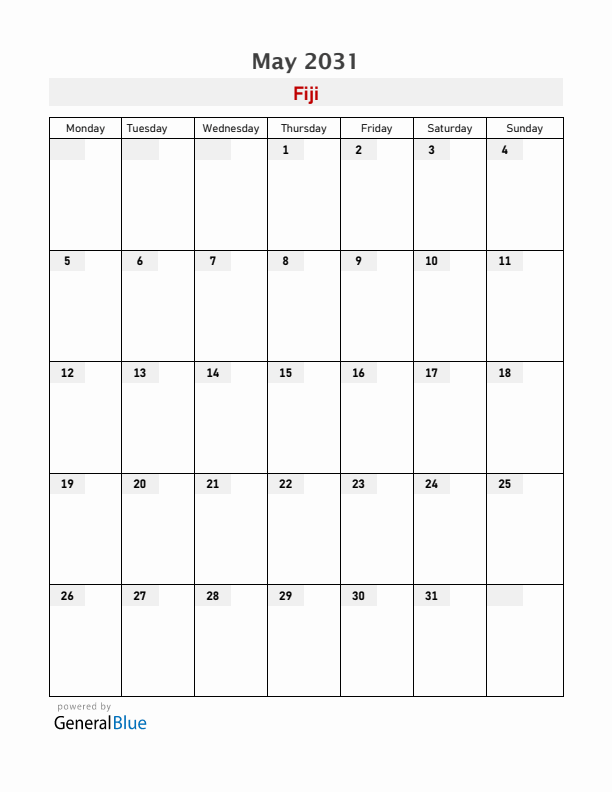 Fiji May 2031 Calendar with Holidays