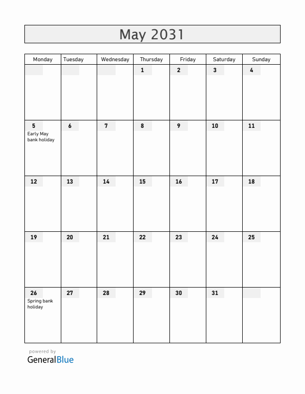 United Kingdom May 2031 Calendar with Holidays