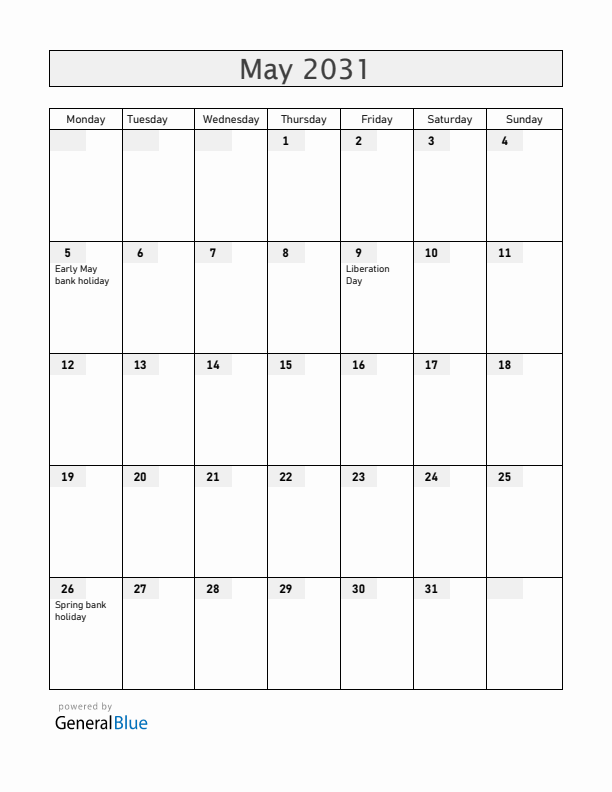 Guernsey May 2031 Calendar with Holidays