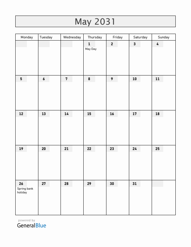 Gibraltar May 2031 Calendar with Holidays
