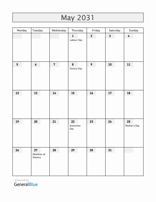 Guadeloupe May 2031 Calendar with Holidays