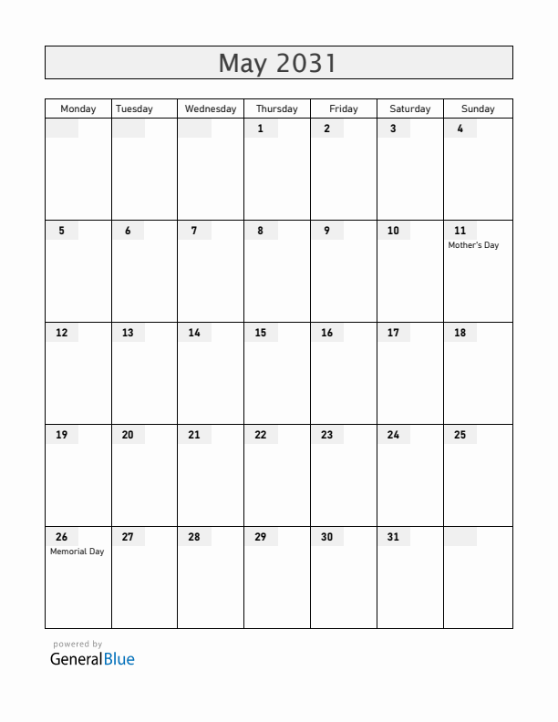 Guam May 2031 Calendar with Holidays