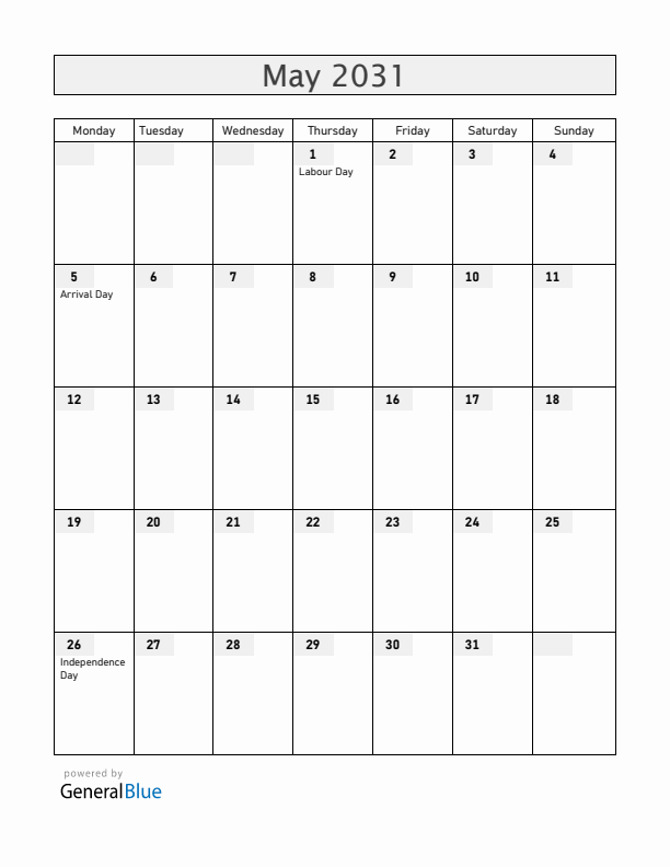 Guyana May 2031 Calendar with Holidays
