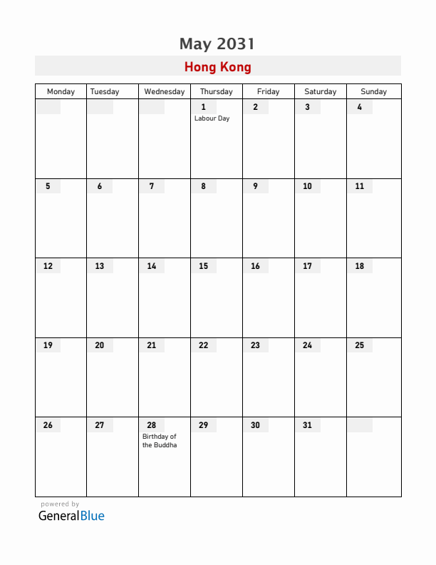 Hong Kong May 2031 Calendar with Holidays