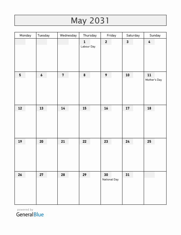 Croatia May 2031 Calendar with Holidays
