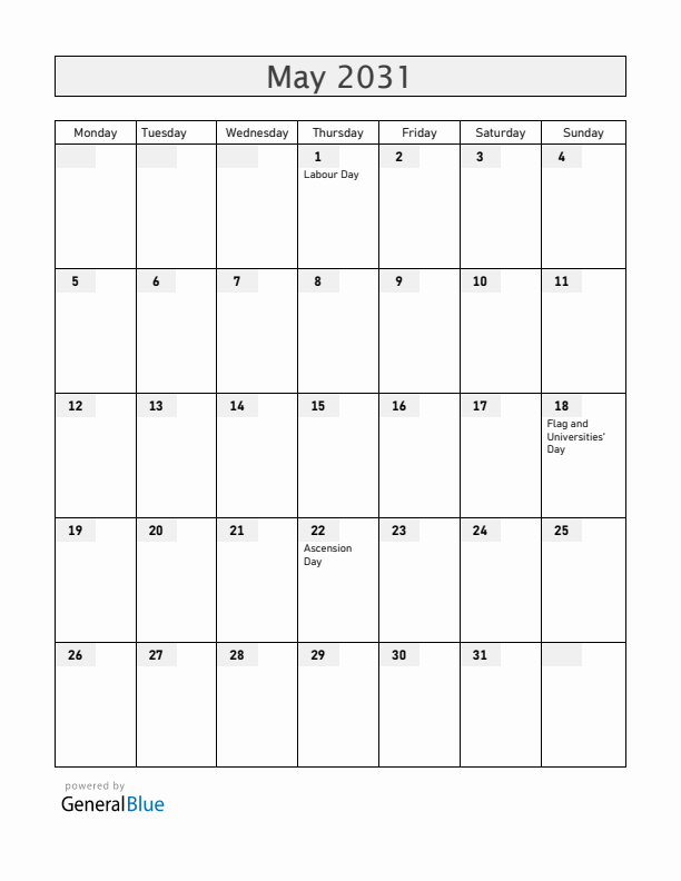 Haiti May 2031 Calendar with Holidays