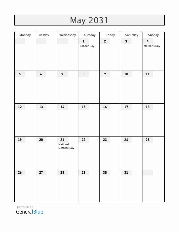 Hungary May 2031 Calendar with Holidays