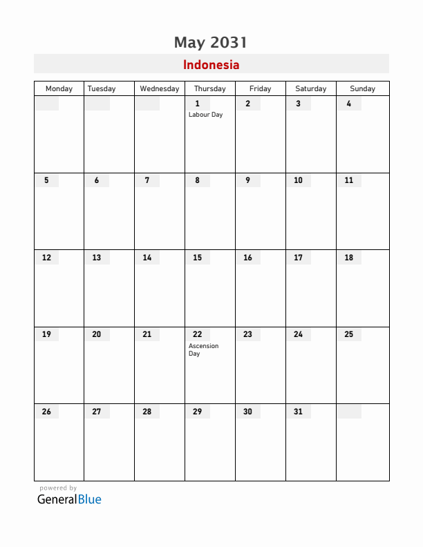 Indonesia May 2031 Calendar with Holidays