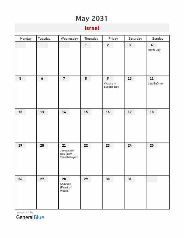 Israel May 2031 Calendar with Holidays