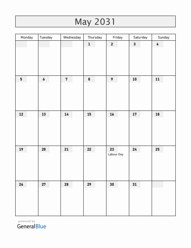 Jamaica May 2031 Calendar with Holidays