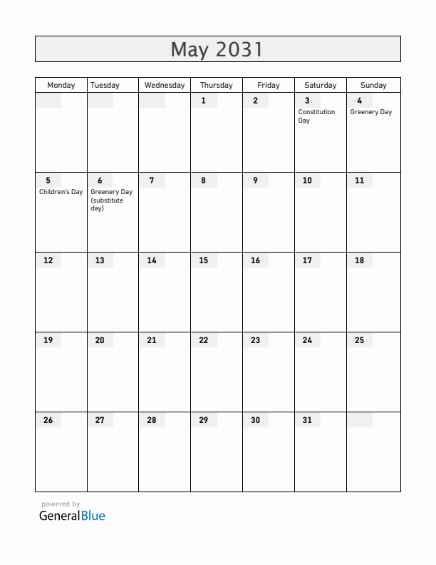 Japan May 2031 Calendar with Holidays
