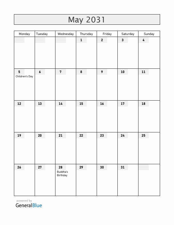 South Korea May 2031 Calendar with Holidays