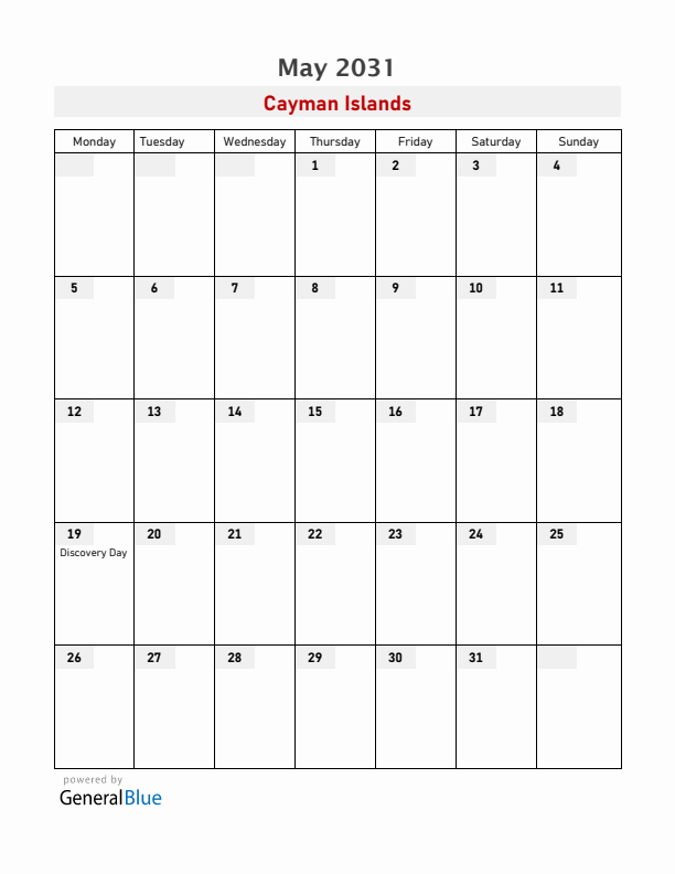 Cayman Islands May 2031 Calendar with Holidays