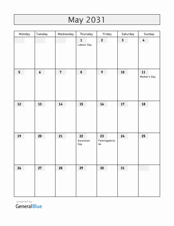 Liechtenstein May 2031 Calendar with Holidays