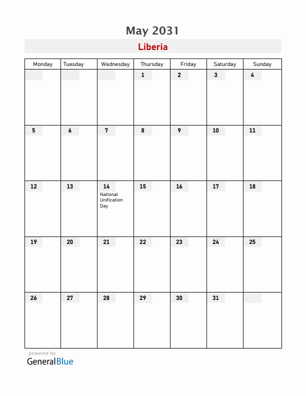 Liberia May 2031 Calendar with Holidays