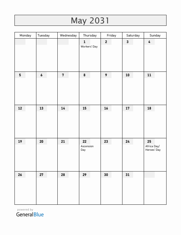 Lesotho May 2031 Calendar with Holidays