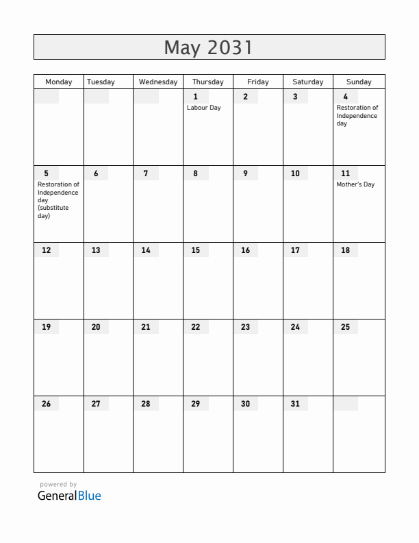 Latvia May 2031 Calendar with Holidays
